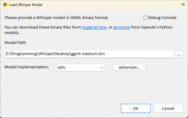 whisper desktop advanced settings
